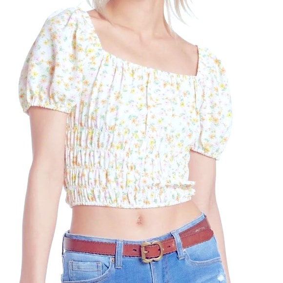 NWT Elodie Floral Square Neck Smocked Puff Sleeve Pink Orange Crop Top- Sz Large - Picture 6 of 9